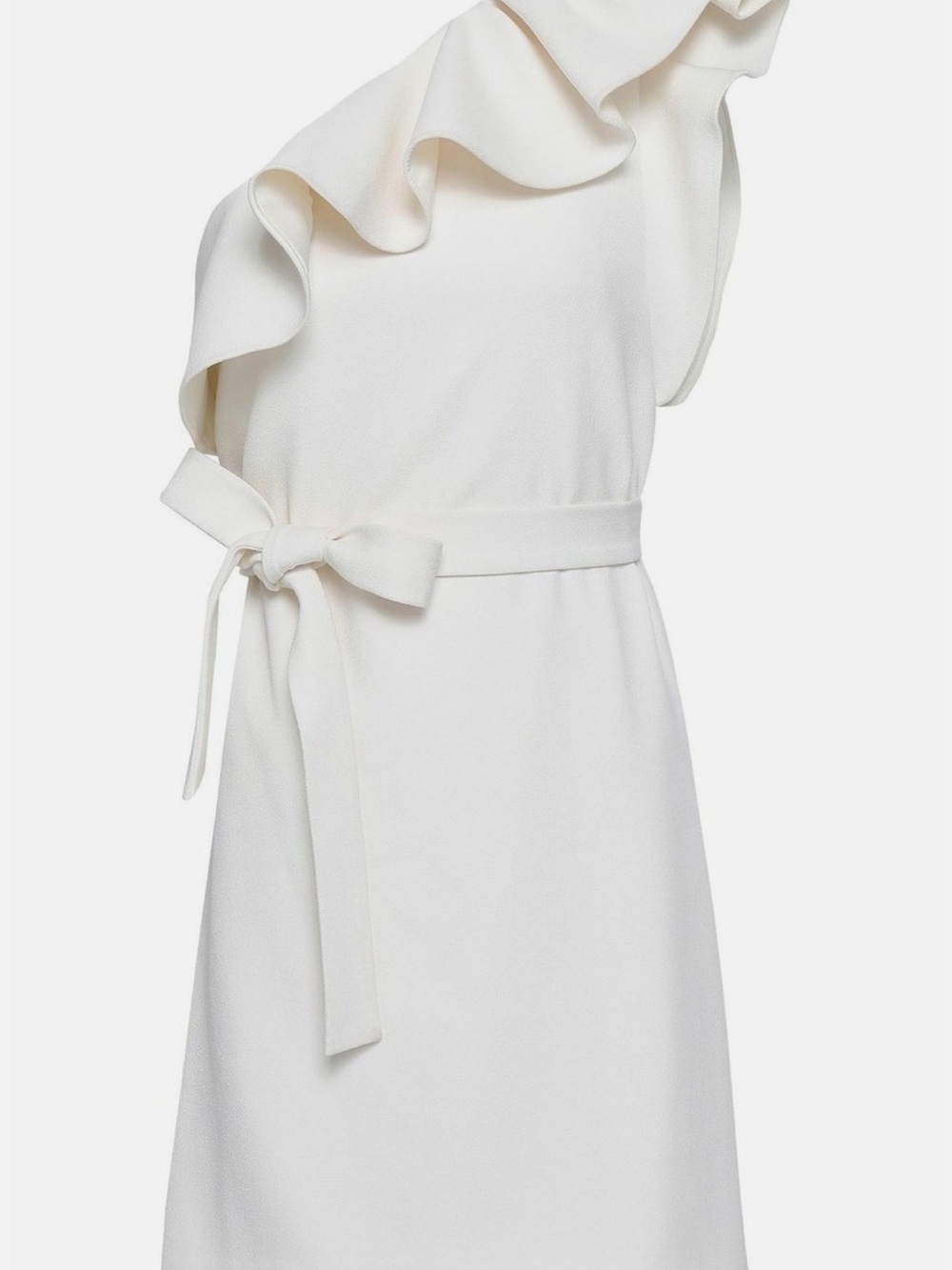 MAJE Paris One-Shoulder Ruffle ECRU Mini Dress with Waist Tie, size 3